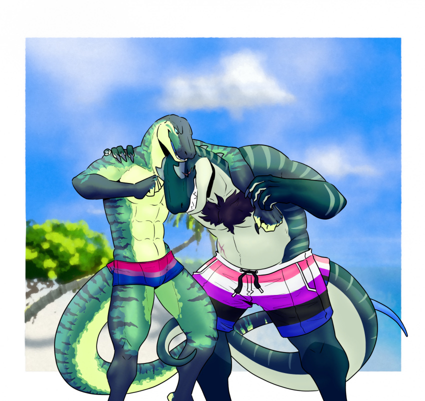 2023 anthro beach body_hair carcharodontosaurid chest_hair clothing daxlmonitor dinosaur duo giganotosaurus hi_res lizard long_tail monitor_lizard muscular open_mouth outside reptile scalie size_difference smile swimwear tail tapering_tail theropod toothy_grin