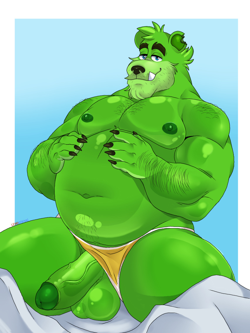 anthro balls bear belly body_hair chest_hair clothing food food_creature genitals green_body gummibar half-erect hi_res lewdookami male mammal nipples penis slightly_chubby solo underwear