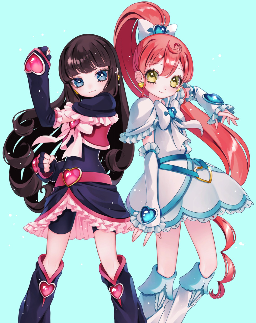 2girls ao_(ao0_0nemu) bad_id bad_twitter_id black_capelet black_dress blue_background blue_eyes bow brooch brown_hair capelet closed_mouth commentary_request cosplay cure_black cure_black_(cosplay) cure_black_pose cure_white cure_white_(cosplay) cure_white_pose detached_sleeves dress futari_wa_precure hair_bow hand_up heart heart_brooch highres jewelry kurosu_aroma leg_warmers long_hair looking_at_viewer magical_girl multiple_girls ponytail precure pretty_series pripara red_hair shiratama_mikan simple_background smile standing very_long_hair white_bow white_capelet white_dress yellow_eyes