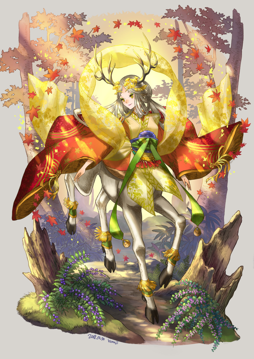 antlers autumn autumn_leaves centaur dated day grey_hair hair_ornament highres horns japanese_clothes kimono konji_(yomn) outdoors sash solo sunlight taur tree tree_stump wide_sleeves yellow_eyes yellow_sash