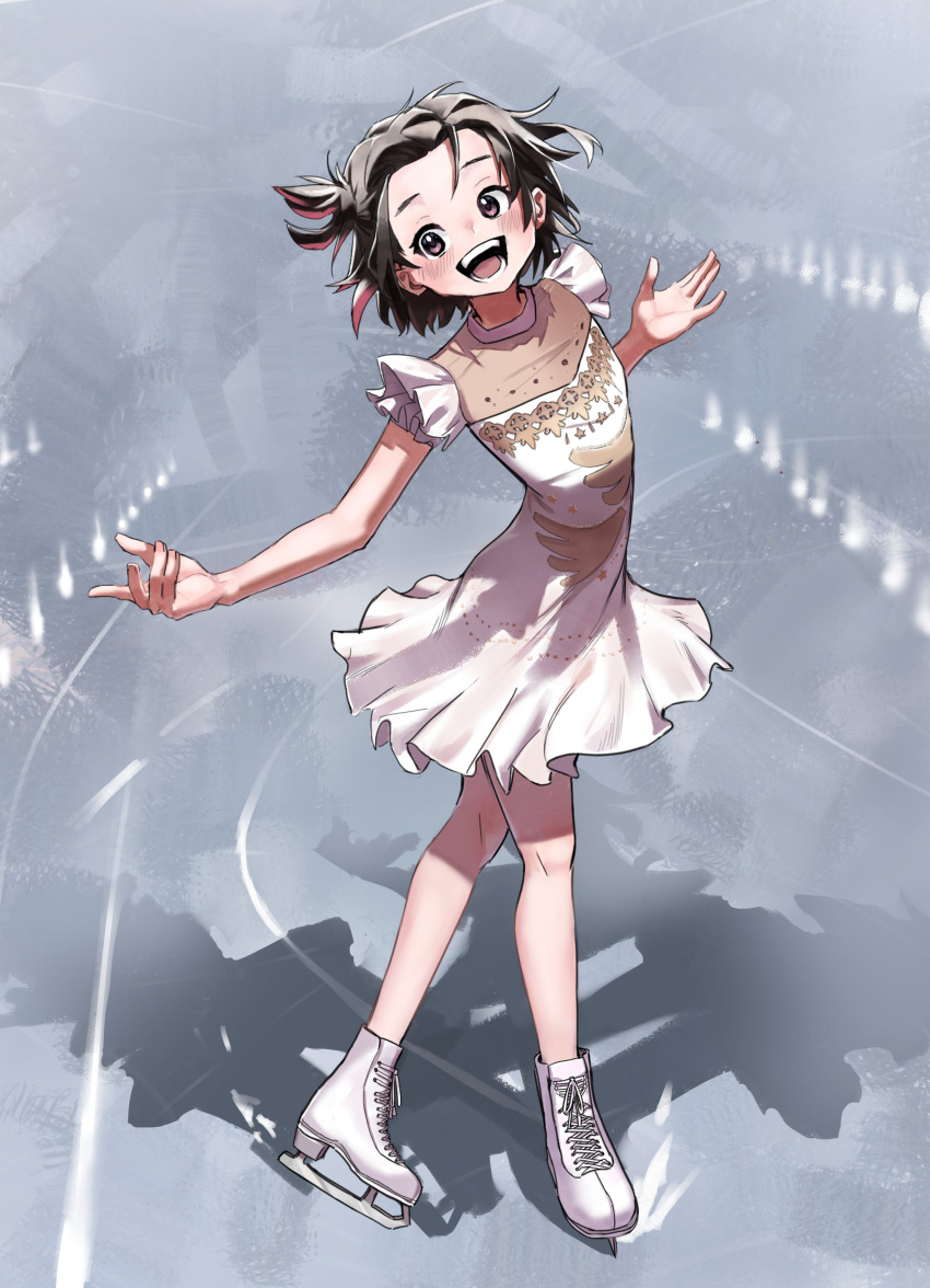 1girl absurdres black_eyes black_hair blush dress figure_skating_dress full_body highres ice_skates ice_skating jae-hoon_(jhj_illust) medalist_(manga) open_mouth outstretched_arms short_hair skates skating smile solo spread_arms white_dress yuitsuka_inori