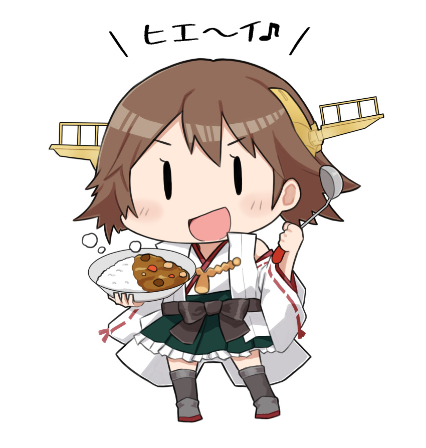 1girl brown_hair chibi commentary_request curry curry_rice detached_sleeves dokuganryuu flipped_hair food full_body green_skirt hairband headgear hiei_(kantai_collection) highres japanese_clothes kantai_collection plaid popped_collar remodel_(kantai_collection) ribbon-trimmed_sleeves ribbon_trim rice short_hair simple_background skirt solid_oval_eyes solo standing white_background