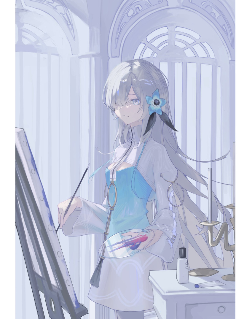 1girl :/ arch ay4_la blue_dress blue_flower candlestand canvas_(object) closed_mouth column cowboy_shot dress easel expressionless flower from_side gradient_dress grey_eyes grey_hair hair_flower hair_ornament hair_over_one_eye highres holding holding_paintbrush holding_palette indoors isekai_joucho kamitsubaki_studio long_hair long_sleeves looking_at_viewer nemophila_(flower) one_eye_covered paintbrush palette_(object) pillar sidelocks solo straight_hair table white_dress white_shrug