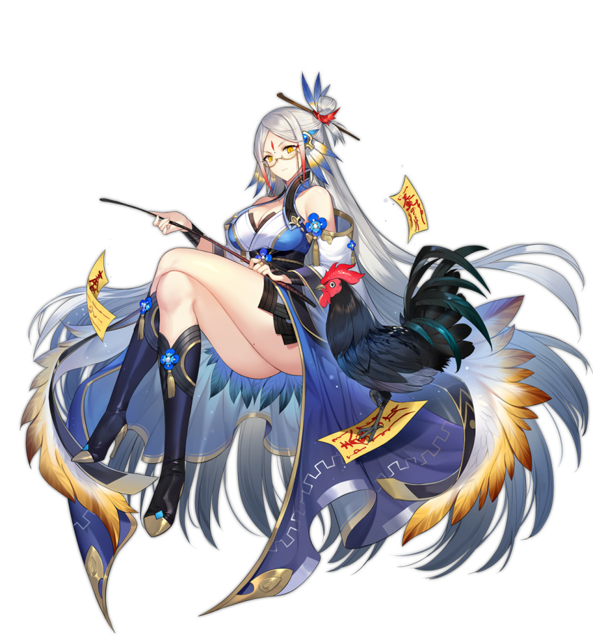 1girl ark_order bare_shoulders bird black_footwear black_gloves blue_kimono boots breasts bridal_gauntlets chicken coin crossed_legs detached_sleeves facial_mark feather-trimmed_sleeves feather_hair_ornament feather_trim feathers forehead_mark full_body gloves grey_hair hair_bun hair_ornament hatoyama_itsuru high_heel_boots high_heels highres holding holding_riding_crop invisible_chair japanese_clothes kimono knee_boots large_breasts leg_ribbon long_hair long_sleeves official_art ofuda ribbon riding_crop rooster rooster_(ark_order) semi-rimless_eyewear single_hair_bun sitting solo tachi-e tassel thighs transparent_background under-rim_eyewear very_long_hair wide_sleeves yellow_eyes