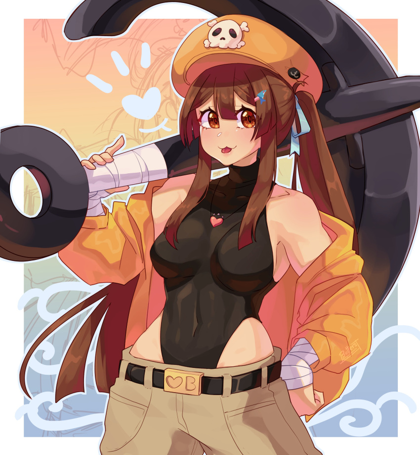 1girl absurdres alternate_costume anchor black_bodysuit bodysuit brown_eyes brown_hair cabbie_hat covered_navel guilty_gear guilty_gear_strive hat hat_ornament highres holding holding_anchor hood hoodie jacket long_hair long_sleeves looking_at_viewer may_(guilty_gear) mr._dolphin_(guilty_gear) off_shoulder orange_hat orange_hoodie orange_jacket ponytail skull_and_crossbones skull_hat_ornament smile supacreamss