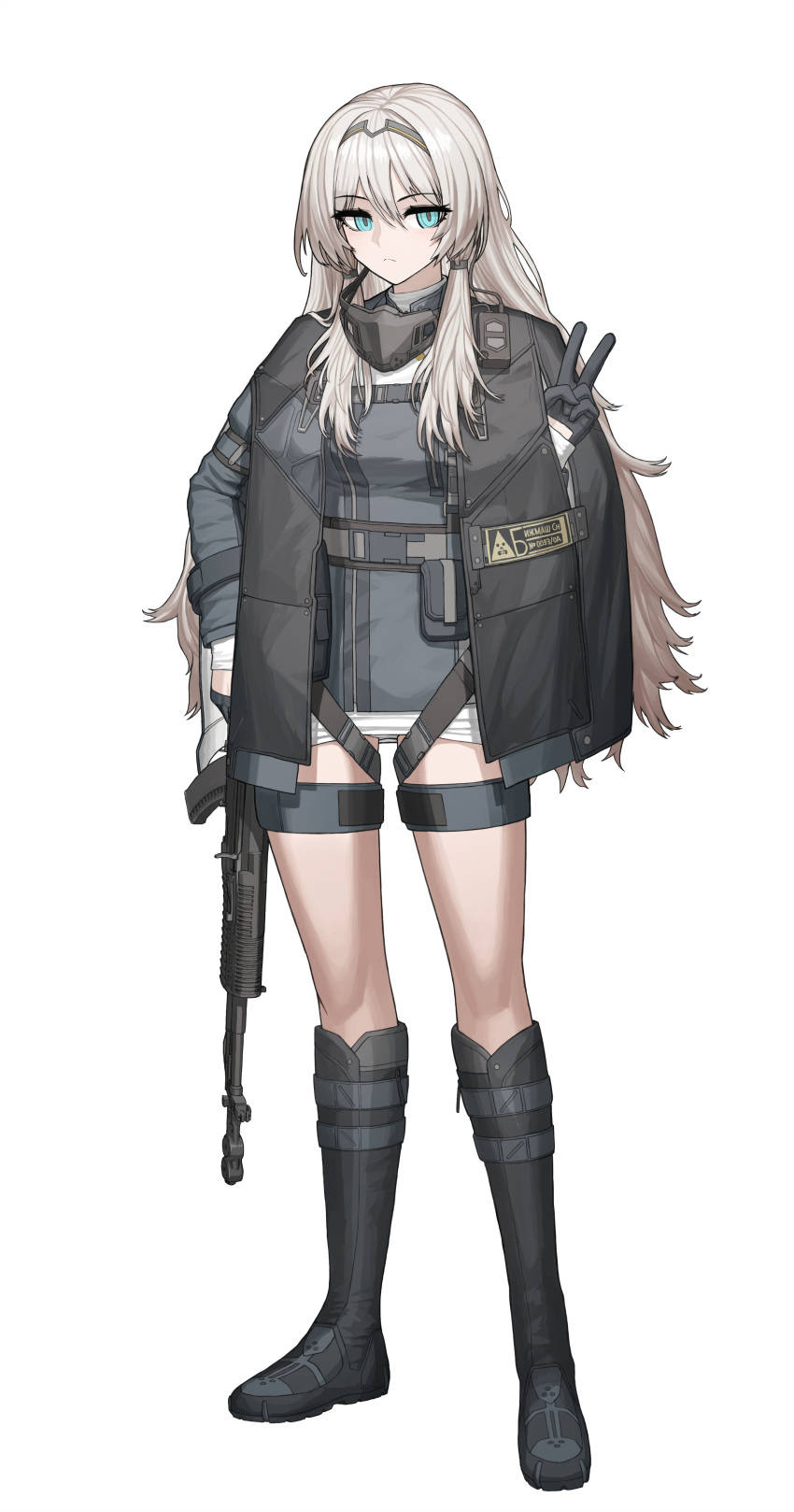 1girl absurdres an-94 an-94_(girls'_frontline) assault_rifle black_footwear black_gloves black_hairband black_jacket black_shirt blue_eyes boots cheogtanbyeong closed_mouth commentary girls'_frontline gloves grey_hair gun hairband highres holding holding_gun holding_weapon jacket light_frown long_hair long_sleeves looking_at_viewer rifle shirt short_shorts shorts sidelocks simple_background solo tactical_clothes thigh_strap v weapon white_background white_shorts