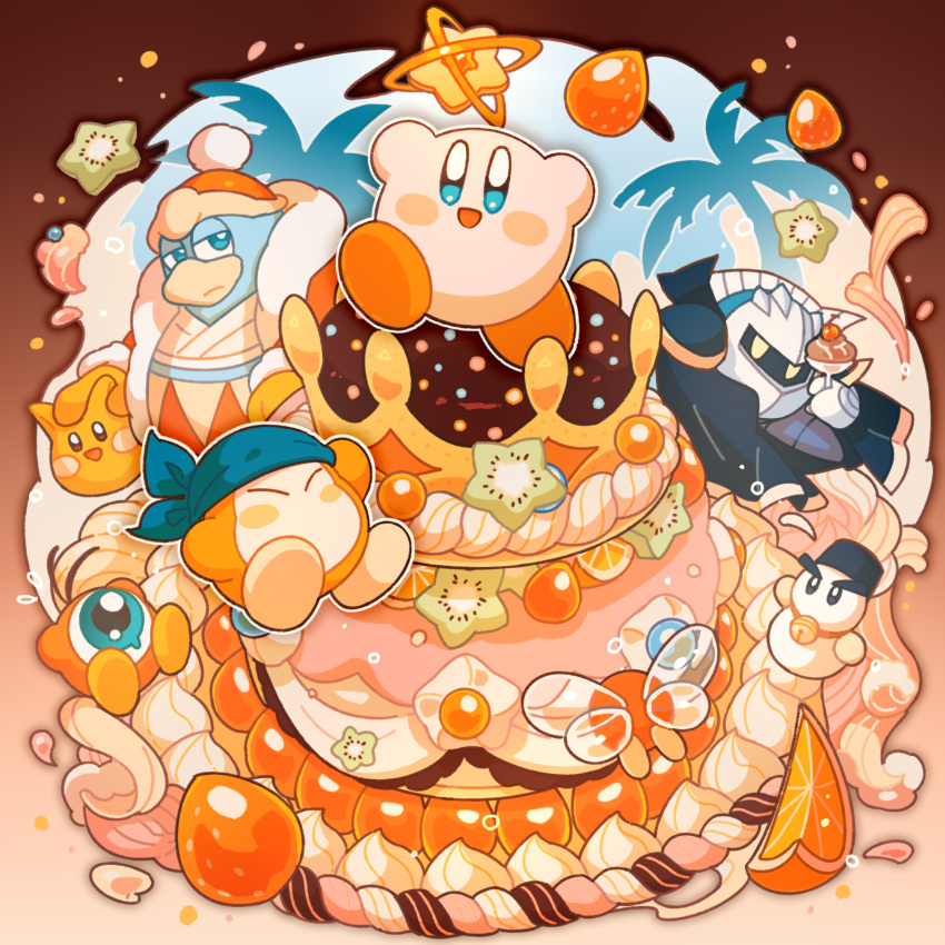 4boys absurdres bandana bandana_waddle_dee black_cape blue_bandana blue_eyes blue_skin brown_background cake cape cherry colored_skin cup dessert food fruit glass glef_life highres holding holding_cup king_dedede kirby kirby_(series) kiwi_(fruit) kiwi_slice mask meta_knight multiple_boys orange_(fruit) orange_slice pink_skin snowman star_(symbol) unamused waddle_doo whipped_cream