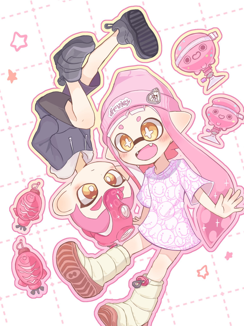 1boy 1girl beanie black_footwear boots bright_pupils commentary_request fangs grid_background hat highres hoshiika_su inkling inkling_girl inkling_player_character long_hair octoling octoling_boy octoling_player_character open_mouth pink_hair pink_hat pointy_ears red_hair shoes short_hair simple_background smile sparkle splatoon_(series) star-shaped_pupils star_(symbol) super_chump_(splatoon) symbol-shaped_pupils tentacle_hair torpedo_(splatoon) white_background white_footwear white_pupils yellow_eyes