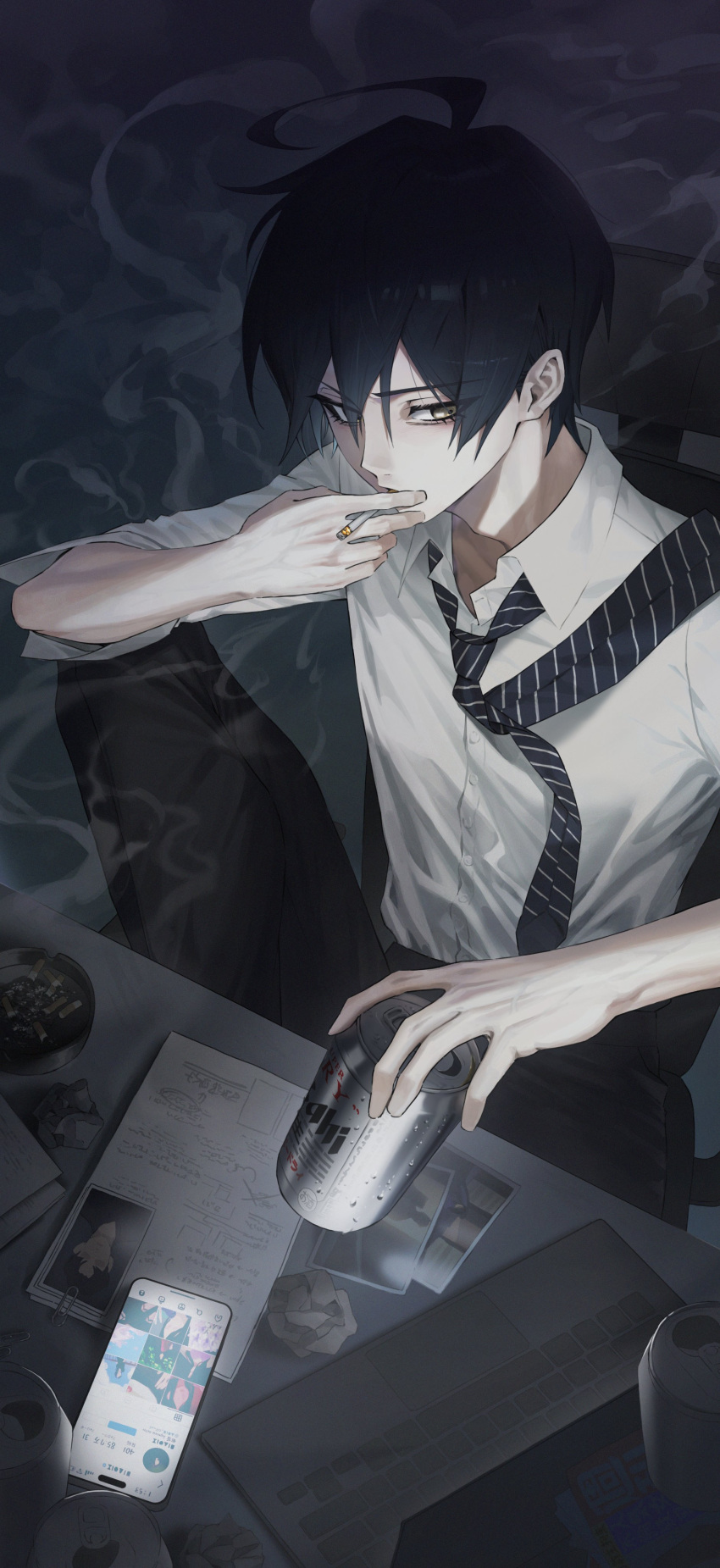 1boy absurdres ahoge alcohol asahi_breweries beer beer_can black_hair black_necktie black_pants can cellphone chair cigarette cigarette_butt collared_shirt computer condensation crumpled_paper danganronpa_(series) danganronpa_v3:_killing_harmony drink_can hair_between_eyes highres holding holding_can holding_cigarette laptop male_focus necktie pants paper phone photo_(object) saihara_shuichi shirt short_sleeves sitting smartphone smoke smoking solo table ttegi_(ddeck_dg) white_shirt