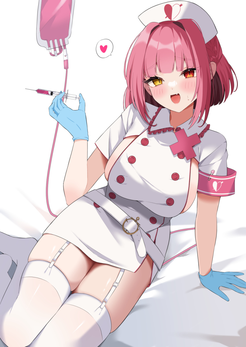 1girl blue_gloves breasts dress fang gloves heterochromia highres holding holding_syringe hololive houshou_marine huge_breasts looking_at_viewer medium_hair nurse open_mouth red_eyes red_hair sideboob sitting smile solo syringe thighhighs thighs ute_(perouthi) virtual_youtuber white_dress white_thighhighs yellow_eyes