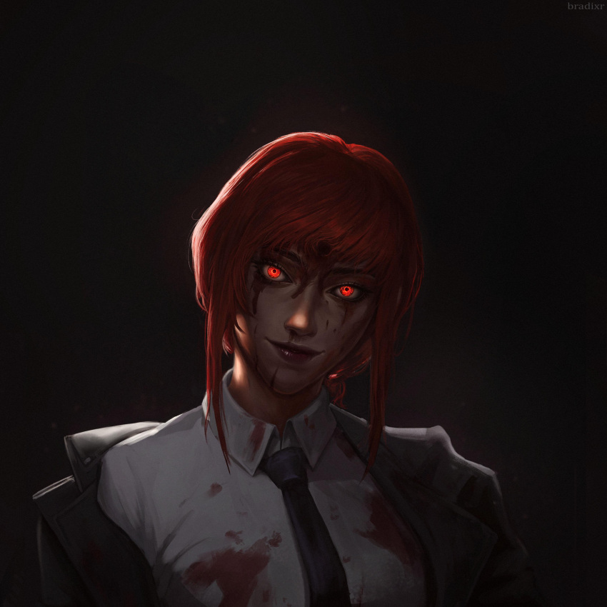 1girl absurdres artist_name black_necktie blood blood_on_clothes blood_on_face bradixr braid chainsaw_man closed_mouth coat collared_shirt commentary dark dark_background english_commentary glowing glowing_eyes head_tilt highres jacket light_smile long_hair looking_at_viewer makima_(chainsaw_man) necktie realistic red_eyes red_hair ringed_eyes shirt sidelocks solo upper_body white_shirt