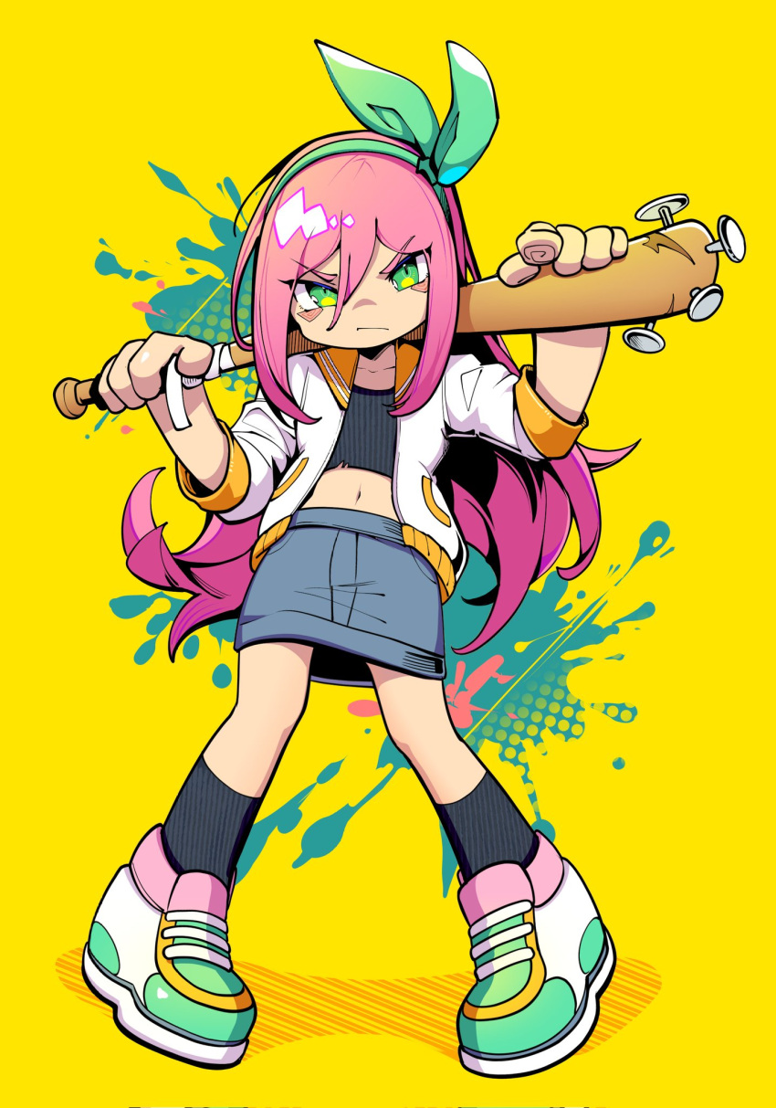 1girl alternate_eye_color aubrey_(faraway)_(omori) aubrey_(omori) baseball_bat black_socks blue_skirt closed_mouth crop_top denim denim_skirt full_body green_eyes hairband highres holding holding_baseball_bat jacket long_hair looking_at_viewer nail nail_bat omori pink_hair shoes short_sleeves simple_background skirt sneakers socks solo white_jacket yellow_background zs_zealsummer