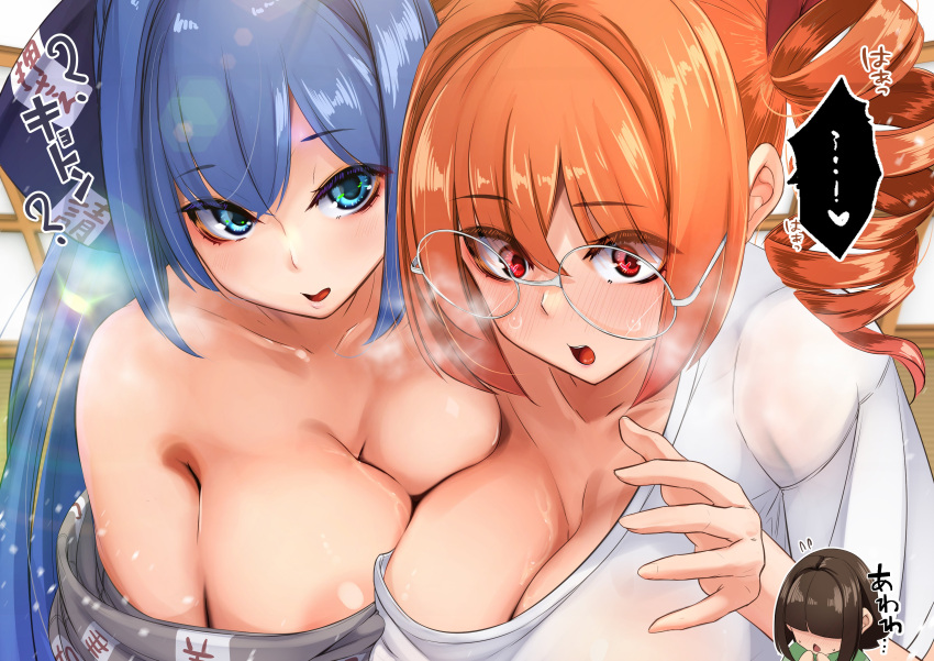 1boy 2girls absurdres areola_slip blue_eyes blue_hair blush breasts cleavage commentary_request glasses highres huge_breasts long_hair looking_at_viewer multiple_girls open_mouth orange_eyes orange_hair round_eyewear siblings sisters sweat touhou translation_request upper_body yorigami_jo'on yorigami_shion yukito_(dreamrider)