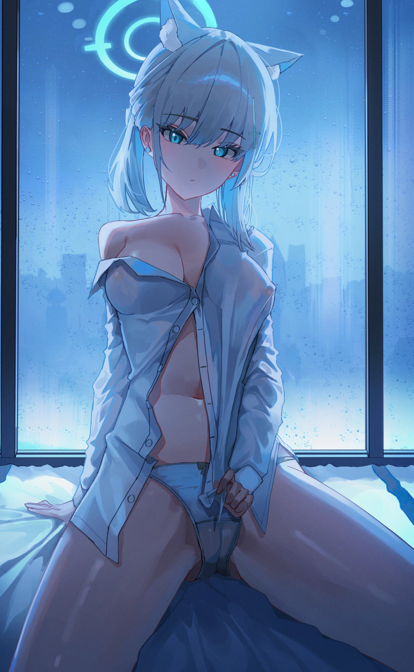 1girl absurdres blue_archive blue_eyes blue_halo breasts closed_mouth commentary domi_(hongsung0819) english_commentary halo highres indoors long_sleeves looking_at_viewer medium_breasts mismatched_pupils navel no_bra on_bed panties partially_unbuttoned shiroko_(blue_archive) shirt sitting solo stomach thighs underwear white_panties white_shirt