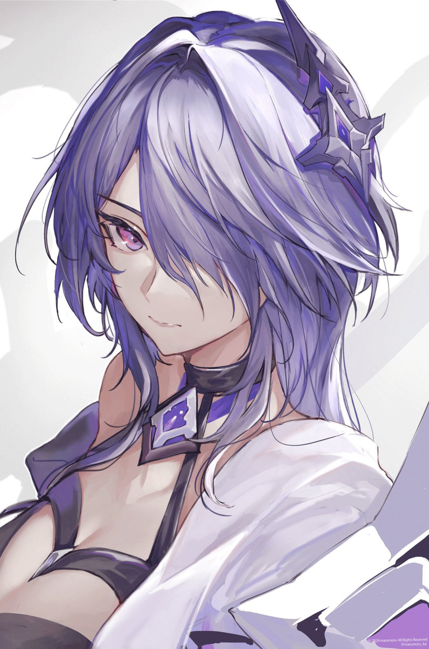 1girl acheron_(honkai:_star_rail) black_choker choker commentary hair_intakes hair_ornament halterneck highres honkai:_star_rail honkai_(series) long_hair looking_at_viewer marumoru purple_eyes purple_hair single_bare_shoulder solo upper_body