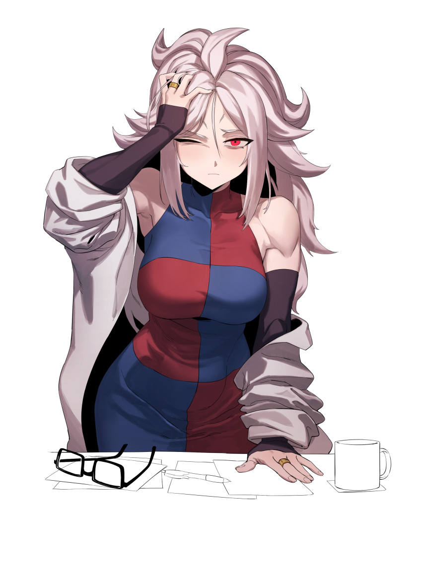 1girl absurdres android_21 breasts closed_mouth coat cup dragon_ball dragon_ball_fighterz dress highres jewelry lab_coat large_breasts long_hair long_sleeves looking_at_viewer mug one_eye_closed papers pen red_eyes ring scratching_head simple_background solo standing white_background white_coat white_hair zequung