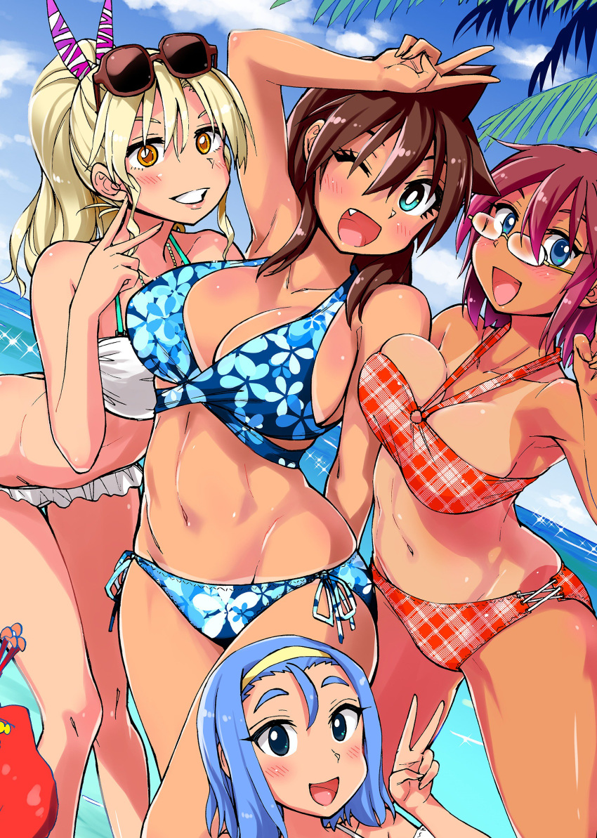 4girls absurdres amano_megumi amano_megumi_wa_suki_darake! aqua_eyes arm_behind_back arm_up bead_bracelet beads bikini blonde_hair blue_bikini blue_eyes blue_hair blush bracelet breasts bright_pupils brown_hair day dutch_angle eyewear_on_head fang floral_print grin hairband halter_top halterneck high_ponytail highres jewelry large_breasts long_hair looking_at_viewer misawa_mio multiple_girls navel nekoguchi official_art one-piece_tan one_eye_closed onizuka_kaede open_mouth outdoors plaid plaid_bikini red_bikini red_hair rimless_eyewear round_eyewear short_hair side-tie_bikini single_bang smile swimsuit tan tanline v yellow_eyes