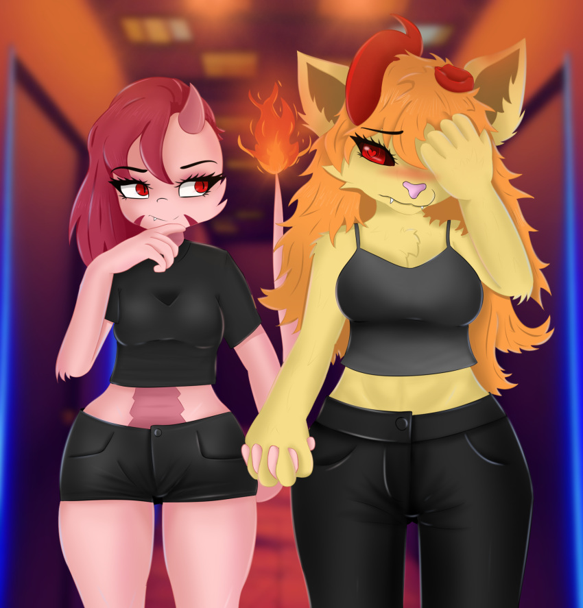 amphibian anthro black_sclera bottomwear clothing crop_top demon duo felid female female/female fire flaming_tail flustered hair hand_holding hi_res lion mammal mythological_creature mythological_salamander mythological_scalie mythology orange_hair pantherine pink_body red_eyes red_hair salamander sambal scalie shirt shorts smile smirk tail topwear willam yellow_body