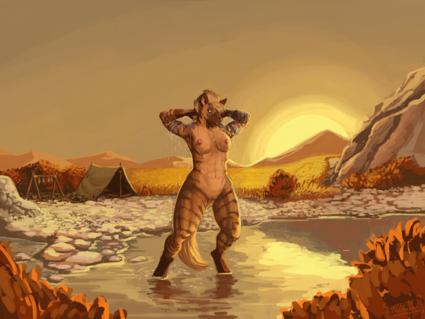 2020 abs alekksandar anrak_(scidragon) anthro arm_markings athletic athletic_anthro athletic_female bathing blonde_hair blue_markings bodypaint breasts brown_body brown_fur camp camping_tent conditional_dnp facial_markings female fur genitals gnoll hair head_markings hyaenid mammal markings navel nipples nude outside partially_submerged pussy river scidragon solo striped_body striped_fur stripes sun sunset tribal_markings war_paint water wet wet_body wet_fur