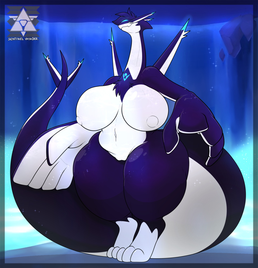 anthro anthro_pred big_breasts big_hands big_tail breasts chest_tuft digitigrade eyes_closed female female_pred generation_2_pokemon generation_3_pokemon hi_res huge_tail hybrid latias legendary_pokemon long_neck lugia multicolored_body navel nintendo nipples pokemon pokemon_(species) sentinelwinder smile solo sonear_(sentinelwinder) sparkles tail thick_tail thick_thighs tuft waterfall wide_hips