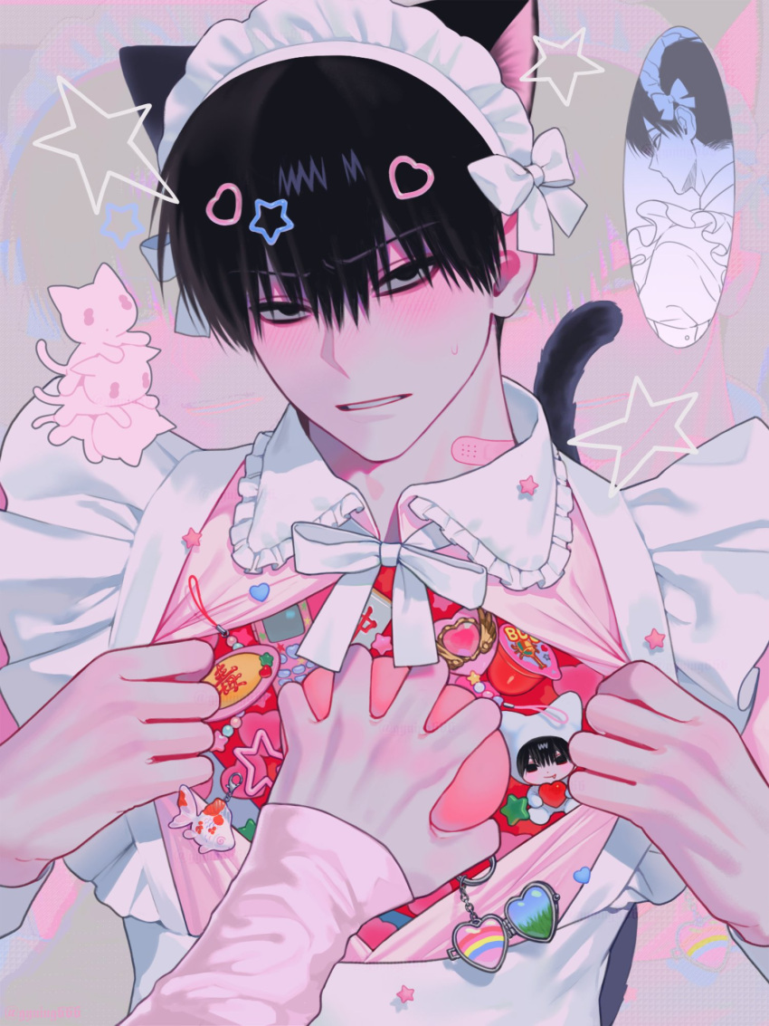 1boy 1other animal_ears apron bandaid bandaid_on_neck black_eyes black_hair blush cat cat_boy cat_ears cat_tail charm_(object) collar colorful crossdressing dress embarrassed frilled_apron frilled_collar frills frown grabbing gyuing666 head_tilt heart_pin highres looking_at_viewer maid maid_headdress male_focus male_maid multiple_hairpins open_clothes open_shirt original parted_lips pink_dress pov pov_hands ribbon sanpaku short_hair star_pin tail upper_body white_ribbon