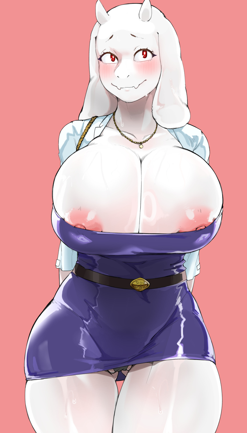 absurd_res anthro areola big_breasts blush boss_monster_(undertale) breasts butt_from_the_front cleavage clothed clothing female hi_res huge_breasts jewelry mature_female mdthetest necklace panties red_eyes solo thick_thighs toriel undertale_(series) underwear white_body