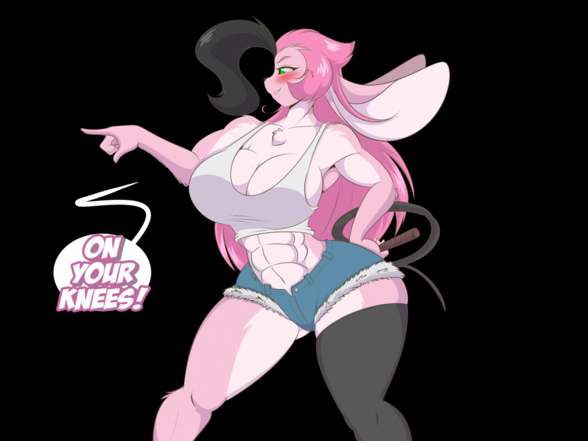 abs anthro big_breasts black_hair blush bottomwear breasts clothing cosplay cutoffs denim denim_bottomwear denim_clothing digital_media_(artwork) female fur hair lagomorph legwear leporid mammal mastergodai multicolored_body multicolored_fur multicolored_hair muscular muscular_female pink_body pink_fur pink_hair poison_(final_fight) rabbit reiko_usagi shirt shorts smile smirk solo tank_top thick_thighs thigh_highs topwear two_tone_body two_tone_fur two_tone_hair whip white_clothing white_shirt white_tank_top white_topwear wide_hips