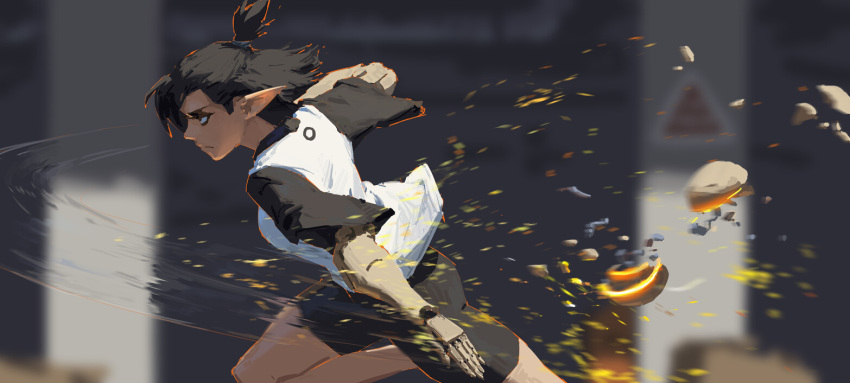 1girl black_shorts black_sleeves blurry blurry_background closed_eyes cowboy_shot fighting from_side kan_liu_(666k) original pointy_ears ponytail profile prosthesis prosthetic_arm running serious shirt short_hair short_sleeves shorts solo white_shirt