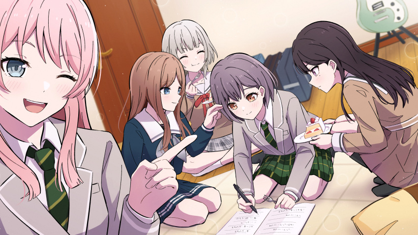 5girls bag bang_dream! bang_dream!_it's_mygo!!!!! black_socks blue_eyes blue_shirt blush book brown_dress brown_eyes brown_hair cake cake_slice chihaya_anon closed_eyes closed_mouth commentary_request crossed_legs dress dutch_angle electric_guitar food fork green_necktie green_skirt grey_eyes grey_hair grey_jacket grey_neckerchief guitar haneoka_school_uniform highres holding holding_fork holding_plate instrument jacket kaname_raana kneeling light_particles long_hair long_sleeves multiple_girls mygo!!!!!_(bang_dream!) nagasaki_soyo neckerchief necktie novi_visual one_eye_closed open_book open_mouth pink_hair plaid plaid_skirt plate pleated_skirt pointing sailor_collar school_bag school_uniform selfie serafuku shiina_taki shirt short_hair sitting skirt smile socks squatting strawberry_shortcake takamatsu_tomori tsukinomori_school_uniform white_hair white_sailor_collar writing