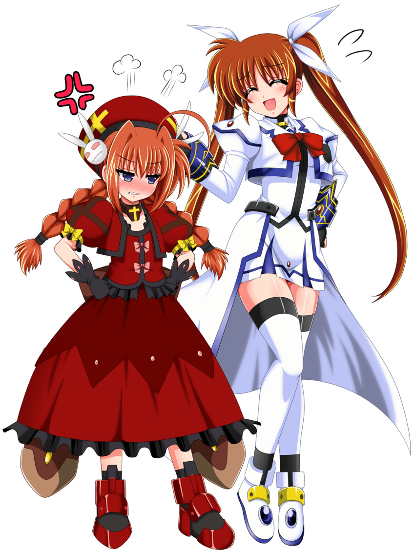 2girls ahoge anger_vein beret black_gloves blouse blue_eyes blush boots bow bowtie braid brown_hair commentary_request commission cropped_jacket detached_collar facing_another fingerless_gloves flying_sweatdrops frilled_shirt frills full_body gloves grimace hair_ribbon hand_on_another's_head hand_on_own_hip hands_on_own_hips hat high_collar highres jacket juliet_sleeves long_hair long_sleeves lyrical_nanoha magical_girl mahou_shoujo_lyrical_nanoha_strikers medium_skirt miniskirt multiple_girls open_mouth orange_hair overskirt partial_commentary pleated_skirt puff_of_air puffy_short_sleeves puffy_sleeves red_bow red_bowtie red_footwear red_hat red_shirt red_skirt ribbon shirt short_sleeves simple_background skeb_commission skirt smile standing takamachi_nanoha takamachi_nanoha_(aggressor_mode) thighhighs twin_braids twintails very_long_hair vita_(nanoha) waist_cape white_background white_footwear white_jacket white_ribbon white_shirt white_skirt white_thighhighs yaeba