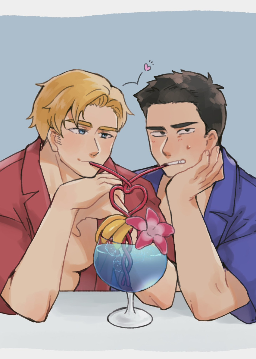 2boys annoyed ao_isami bara black_hair blonde_hair blush cocktail_glass collared_shirt couple crazy_straw cup deflect dmp221190800 drinking_glass drinking_straw elbow_rest facial_hair heart heart_straw highres lewis_smith male_focus multiple_boys shared_straw sharing_food shirt sideburns_stubble stubble thick_eyebrows upper_body yaoi yuuki_bakuhatsu_bang_bravern