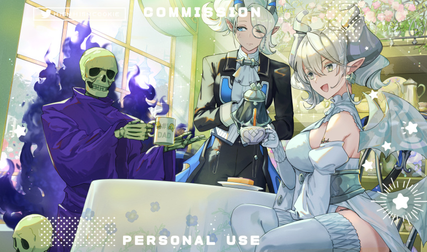 1boy 2girls arias_the_labrynth_butler breasts butler cup demon_girl demon_horns demon_wings duel_monster female_butler gloves grey_eyes grey_hair highres holding holding_cup horns hsin large_breasts lovely_labrynth_of_the_silver_castle monocle multiple_girls one_eye_closed open_mouth pointy_ears sideboob skull_servant suit teapot twintails wings yu-gi-oh!