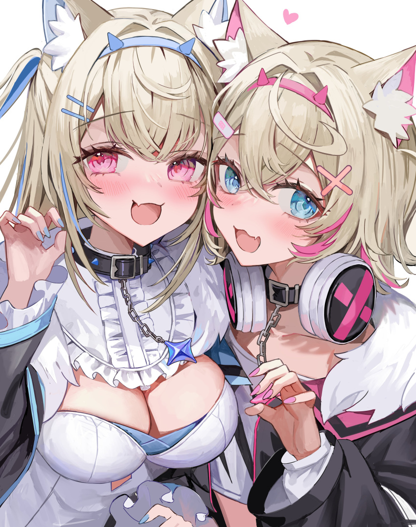 2girls absurdres animal_ear_fluff animal_ears black_jacket blonde_hair blue_eyes blue_hair blush breasts chain chain_leash cleavage collar collarbone commentary crop_top crossed_bangs dog_ears dog_girl fang fur_collar fuwawa_abyssgard hair_intakes headphones headphones_around_neck heart highres hololive hololive_english jacket large_breasts leash long_sleeves looking_at_viewer mococo_abyssgard multicolored_hair multiple_girls open_mouth paw_pose pink_eyes pink_hair rum_raisin_(chihiromakita19) shirt siblings simple_background sisters skin_fang streaked_hair twins two-tone_hair upper_body virtual_youtuber white_background white_shirt