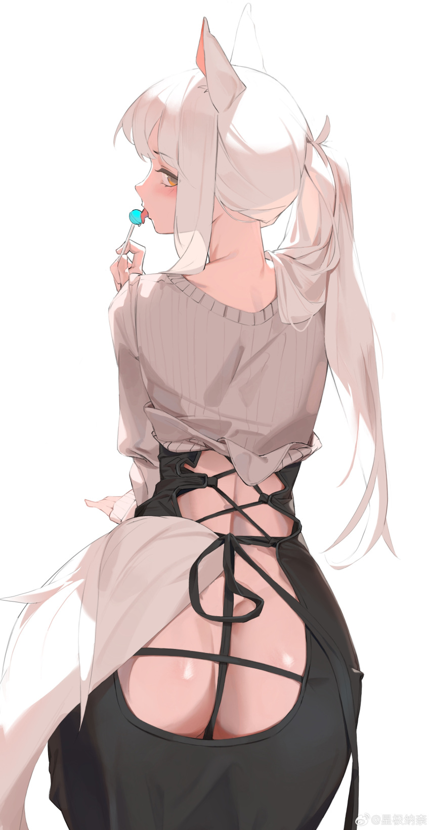 1girl 2242592427 absurdres animal_ears arknights ass ass_cutout black_skirt candy clothing_cutout cosplay food from_behind grey_sweater guitar_little_sister_(hitomi_o) guitar_little_sister_(hitomi_o)_(cosplay) highres holding holding_candy holding_food holding_lollipop horse_ears horse_tail licking lollipop long_hair looking_back open_mouth platinum_(arknights) ponytail simple_background skirt solo sweater tail tongue tongue_out white_background white_hair yellow_eyes