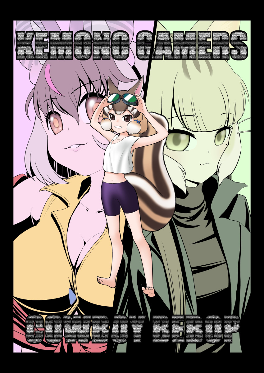 3girls absurdres animal_ears aoiaozora bat_ears bat_girl brown_eyes brown_hair brown_long-eared_bat_(kemono_friends) cat_ears cat_girl chipmunk_ears chipmunk_girl chipmunk_tail cowboy_bebop extra_ears goggles green_eyes grey_hair highres jacket jungle_cat_(kemono_friends) kemono_friends kemono_friends_v_project long_hair looking_at_viewer multiple_girls parody shirt short_hair shorts siberian_chipmunk_(kemono_friends) simple_background sleeveless tail tank_top virtual_youtuber