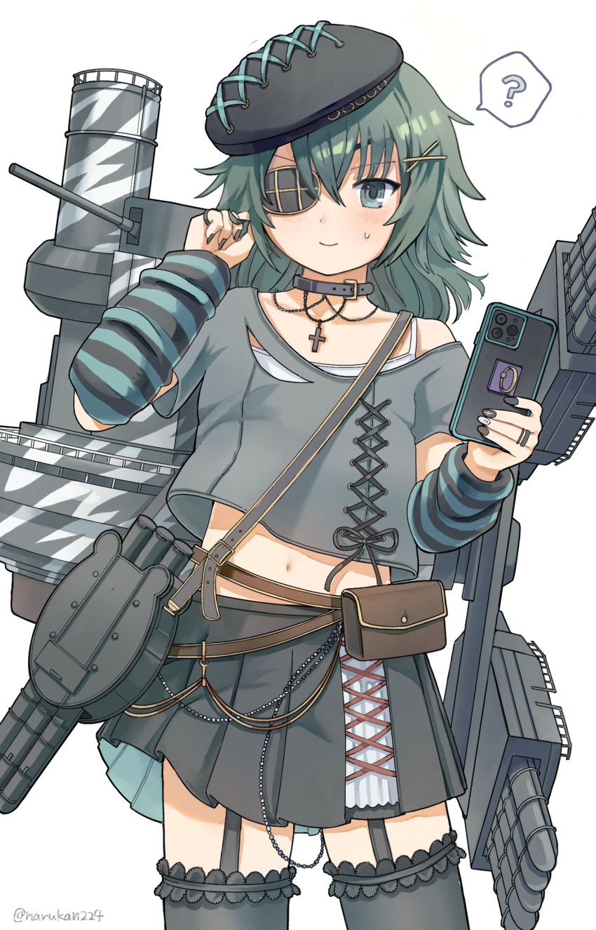 1girl ? alternate_costume arm_warmers bag black_choker black_nails black_skirt blue_eyes cellphone choker cross cross_necklace eyepatch garter_straps green_hair hair_between_eyes hair_ornament hairclip hat highres holding holding_phone jewelry kantai_collection kiso_(kancolle) looking_at_viewer nail_polish narukan navel necklace phone pleated_skirt rigging ring short_sleeves simple_background skirt smartphone solo spoken_question_mark striped_arm_warmers sweat thighhighs torpedo_tubes twirling_hair white_background