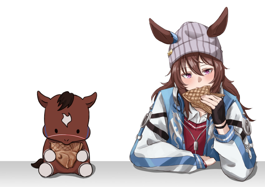 1girl 1other absurdres animal animal_ears arm_on_table beanie black_footwear black_gloves blue_jacket brown_hair collared_shirt ear_ornament ears_through_headwear eating food gloves grey_hat hair_between_eyes hakekeke2525 hat headphones highres holding holding_food horse_ears horse_girl jacket long_hair long_sleeves nakayama_festa_(racehorse) nakayama_festa_(umamusume) shirt simple_background umamusume white_background white_shirt