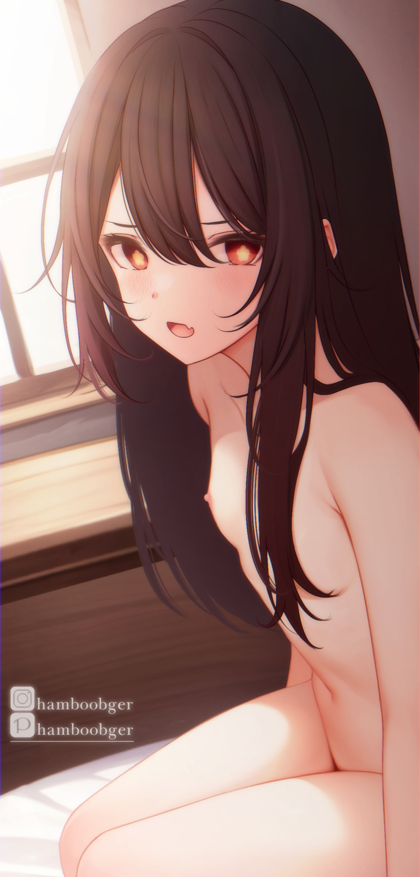1girl absurdres blush breasts brown_hair collarbone commentary completely_nude english_commentary fang flower-shaped_pupils genshin_impact hair_between_eyes hair_down hamboobger highres hu_tao_(genshin_impact) indoors instagram_username long_hair looking_at_viewer mixed-language_commentary nude open_mouth pixiv_username red_eyes sitting skin_fang small_breasts solo symbol-shaped_pupils tongue