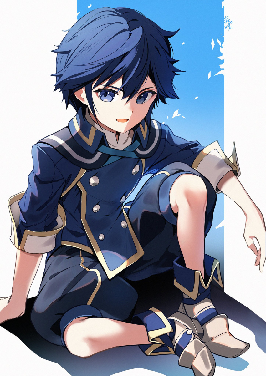 1boy aged_down blue_eyes blue_shirt blue_shorts buttons chrom_(child)_(fire_emblem) chrom_(fire_emblem) commentary_request fire_emblem fire_emblem_awakening fire_emblem_heroes hair_between_eyes highres looking_at_viewer male_focus nakabayashi_zun shadow shirt short_hair shorts sitting smile solo