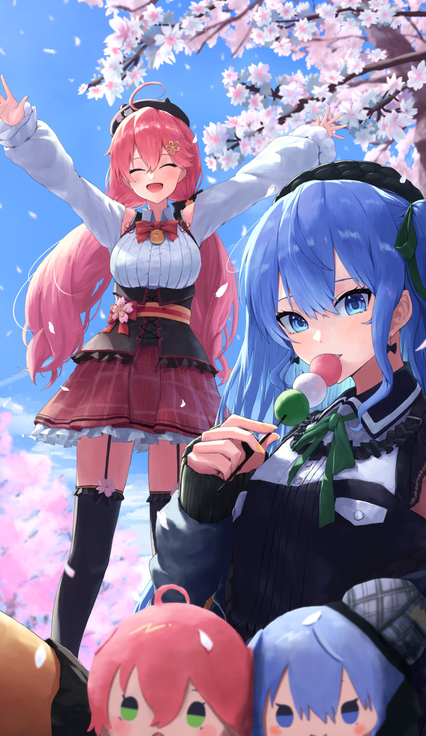 2girls absurdres ahoge beret black_dress black_garter_straps black_hat black_thighhighs blue_eyes blue_hair blue_sky bow bow_earrings character_name cherry_blossoms closed_eyes cloud collared_dress collared_shirt dango dress earrings food garter_straps green_ribbon hat highres hololive hoshimachi_suisei hoshimachi_suisei_(streetwear) jewelry looking_at_viewer low_twintails multiple_girls official_alternate_costume one_side_up open_mouth pink_hair red_skirt ribbon sakura_miko sakura_miko_(casual) shirt skirt sky smile solo star_(symbol) star_in_eye symbol_in_eye thighhighs twintails virtual_youtuber wagashi white_shirt yayoi_(touya)