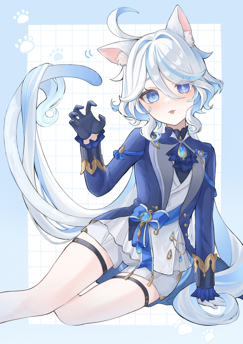 1girl :3 :p absurdres ahoge animal_ear_fluff animal_ears arm_support artist_name ascot asymmetrical_gloves black_gloves blue_ascot blue_border blue_bow blue_eyes blue_gemstone blue_hair blue_jacket blush border bow brooch buttons cat_day cat_ears cat_girl cat_tail claw_pose closed_mouth commentary_request drop-shaped_pupils ear_wiggle eyelashes frilled_sleeves frills furina_(genshin_impact) gem genshin_impact gloves gradient_tail grid_background hair_between_eyes hair_intakes half_gloves hand_up heterochromia highres jacket jewelry lapels long_hair long_sleeves looking_at_viewer lying mismatched_gloves mismatched_pupils mokankan multicolored_hair on_side open_clothes open_jacket outside_border parted_bangs paw_print shirt short_shorts shorts sidelocks simple_background sitting sleeve_cuffs solo streaked_hair swept_bangs symbol-shaped_pupils tail tassel thigh_strap tongue tongue_out twitter_username very_long_hair vision_(genshin_impact) white_background white_gloves white_hair white_shirt white_shorts