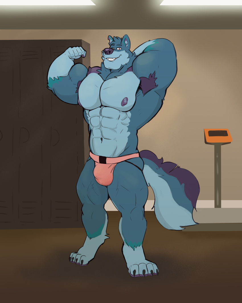 abs absurd_res anthro armpit_hair biceps big_muscles blue_body blue_fur body_hair bulge canid canine canis clothed clothing flexing flexing_bicep fur hair hi_res huge_muscles hyper hyper_muscles jockstrap jockstrap_only locker locker_room male mammal muscular muscular_anthro muscular_male nipples pecs purple_hair smile smiling_at_viewer smirk smirking_at_viewer solo standing tail tcw teeth topless underwear underwear_only wolf yukon