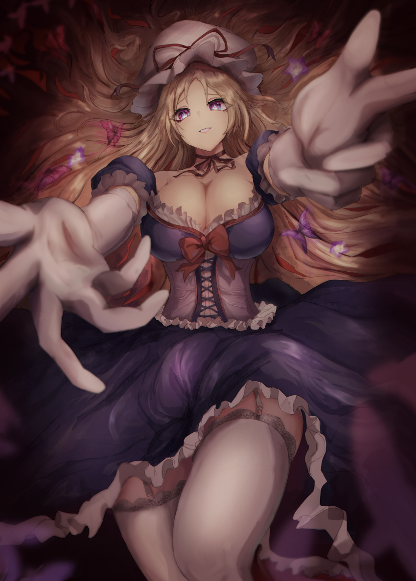 1girl absurdres blonde_hair blurry bow bowtie breasts bug butterfly choker cleavage corset depth_of_field dress dress_bow elbow_gloves feet_out_of_frame frilled_dress frilled_thighhighs frills garter_straps gloves hat hat_ribbon highres huge_breasts juliet_sleeves long_hair long_sleeves looking_at_viewer lying mob_cap on_back outstretched_arms puffy_short_sleeves puffy_sleeves purple_dress purple_eyes reaching reaching_towards_viewer red_bow red_bowtie ribbon short_sleeves smile thighhighs touhou very_long_hair white_gloves white_thighhighs yakumo_yukari yama_kabosu