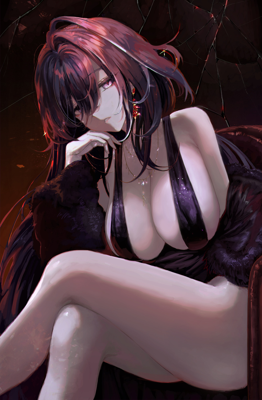1girl absurdres acheron_(honkai:_star_rail) alternate_costume armpit_crease bare_shoulders black_background black_coat black_dress black_hair breasts coat couch crack crossed_legs diamond-shaped_pupils diamond_(shape) dress earrings egoswans evening_gown feet_out_of_frame fur_coat hair_between_eyes hand_up head_on_hand head_rest highres honkai:_star_rail honkai_(series) jewelry large_breasts long_hair looking_at_viewer necklace on_couch open_mouth purple_eyes sidelocks sitting solo symbol-shaped_pupils thighs
