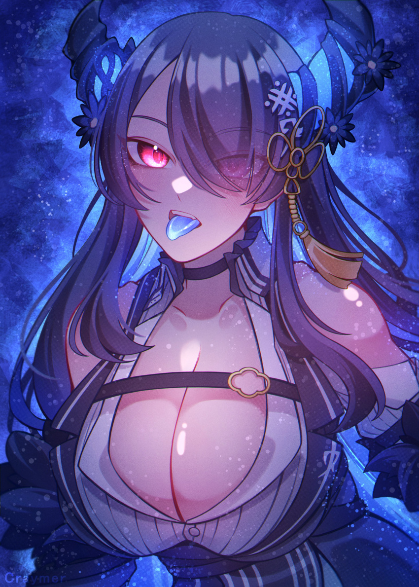 1girl absurdres asymmetrical_horns black_hair blue_hair blue_tongue blush breasts cleavage colored_inner_hair colored_tongue craymer demon_horns hair_ornament highres hololive hololive_english horns large_breasts long_hair looking_at_viewer mole mole_under_eye multicolored_hair nerissa_ravencroft nerissa_ravencroft_(1st_costume) partially_unbuttoned red_eyes solo two-tone_hair uneven_horns very_long_hair virtual_youtuber