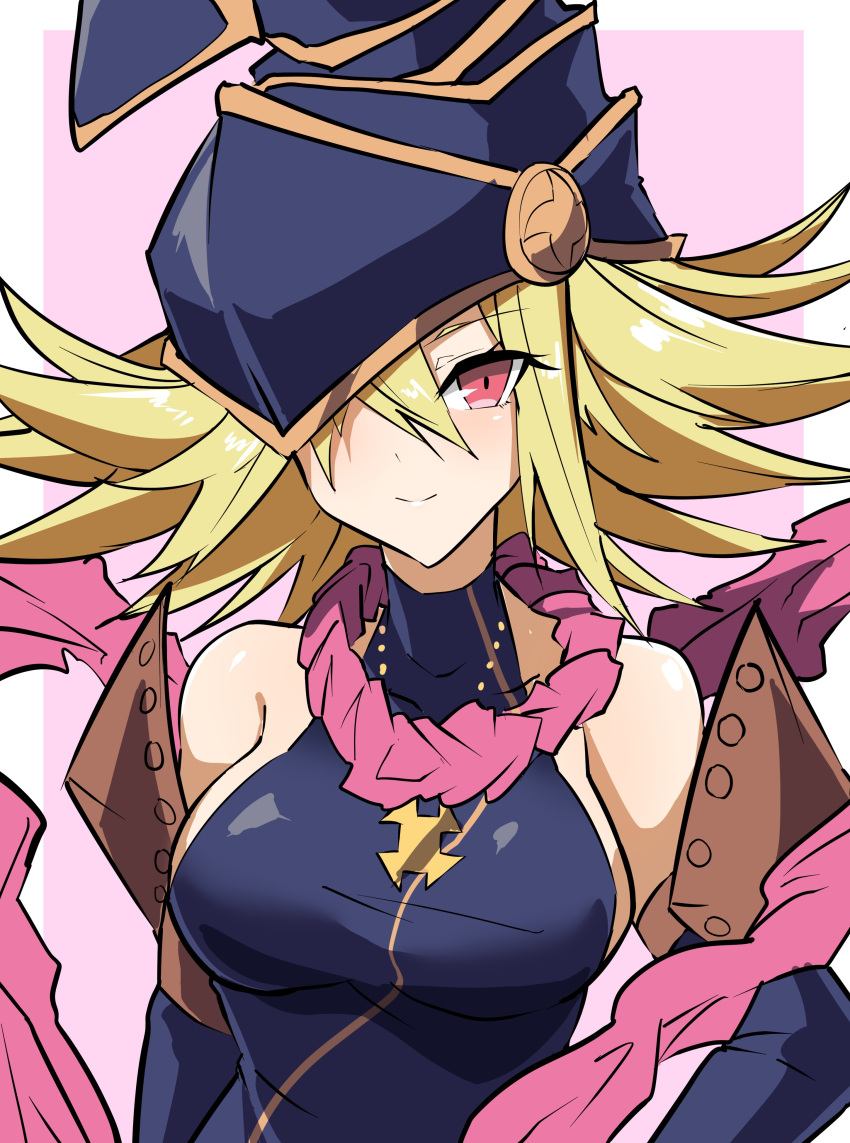 1girl absurdres bare_shoulders black_dress black_hat blonde_hair breasts closed_mouth detached_sleeves dress duel_monster gagaga_girl hair_between_eyes hair_over_one_eye hat highres long_hair looking_at_viewer red_eyes sideboob smile solo synchroman upper_body wizard_hat yu-gi-oh!