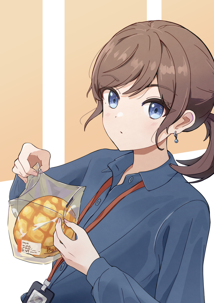 1girl blue_eyes blue_shirt bread brown_background brown_hair closed_mouth collared_shirt commentary_request food hands_up highres holding holding_food id_card long_hair long_sleeves looking_at_viewer melon_bread novi_visual original ponytail shirt solo two-tone_background upper_body white_background