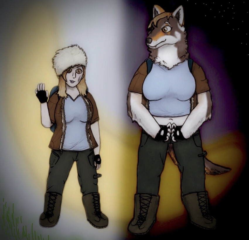 anthro backpack belly big_breasts blonde_hair boots bottomwear breasts canid canine canis cargo_pants clothing day eurasian_wolf female fingerless_gloves footwear fur_hat gloves grass hair handwear hat headgear headwear huge_breasts human jacket mammal midriff moon navel neck_tuft night pants shirt shy solo star t-shirt topwear transformation tuft valya_zima wdkinc were werecanid werecanine werewolf wolf yellow_eyes