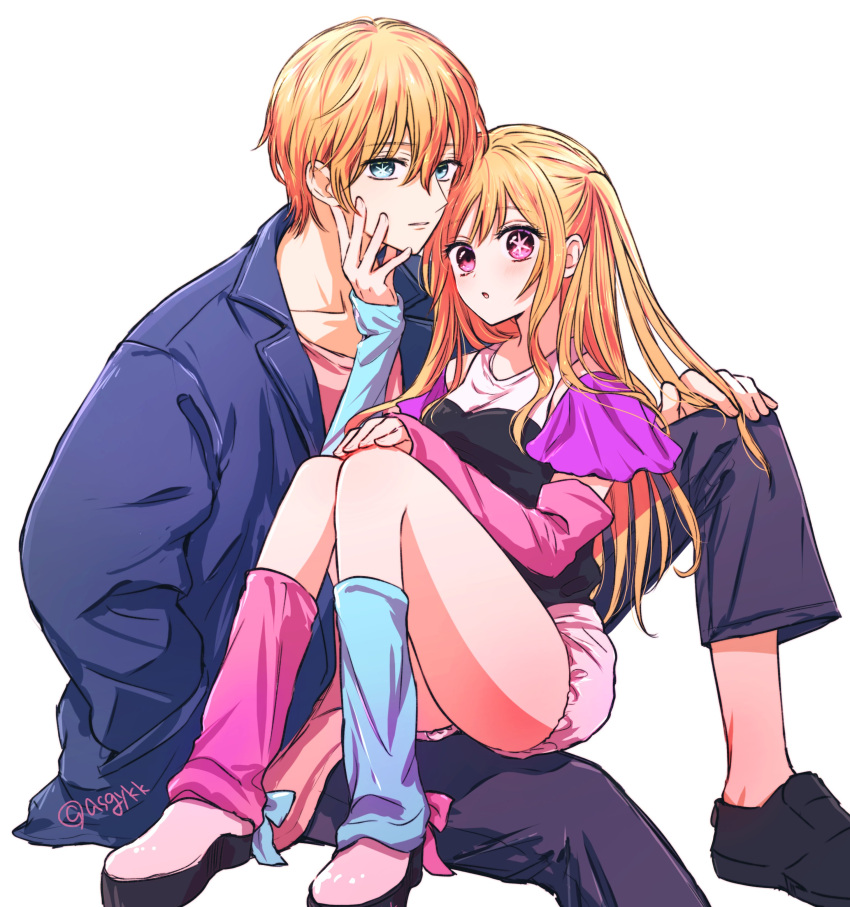 1boy 1girl absurdres artist_name asgykk black_footwear black_pants black_shirt blonde_hair blue_eyes blue_jacket blue_sleeves blush brother_and_sister closed_mouth hair_between_eyes high_heels highres hoshino_aquamarine hoshino_ruby jacket long_hair open_mouth oshi_no_ko pants pink_eyes pink_shorts pink_sleeves puffy_sleeves shirt short_hair shorts siblings sidelocks star-shaped_pupils star_(symbol) symbol-shaped_pupils twins twitter_username