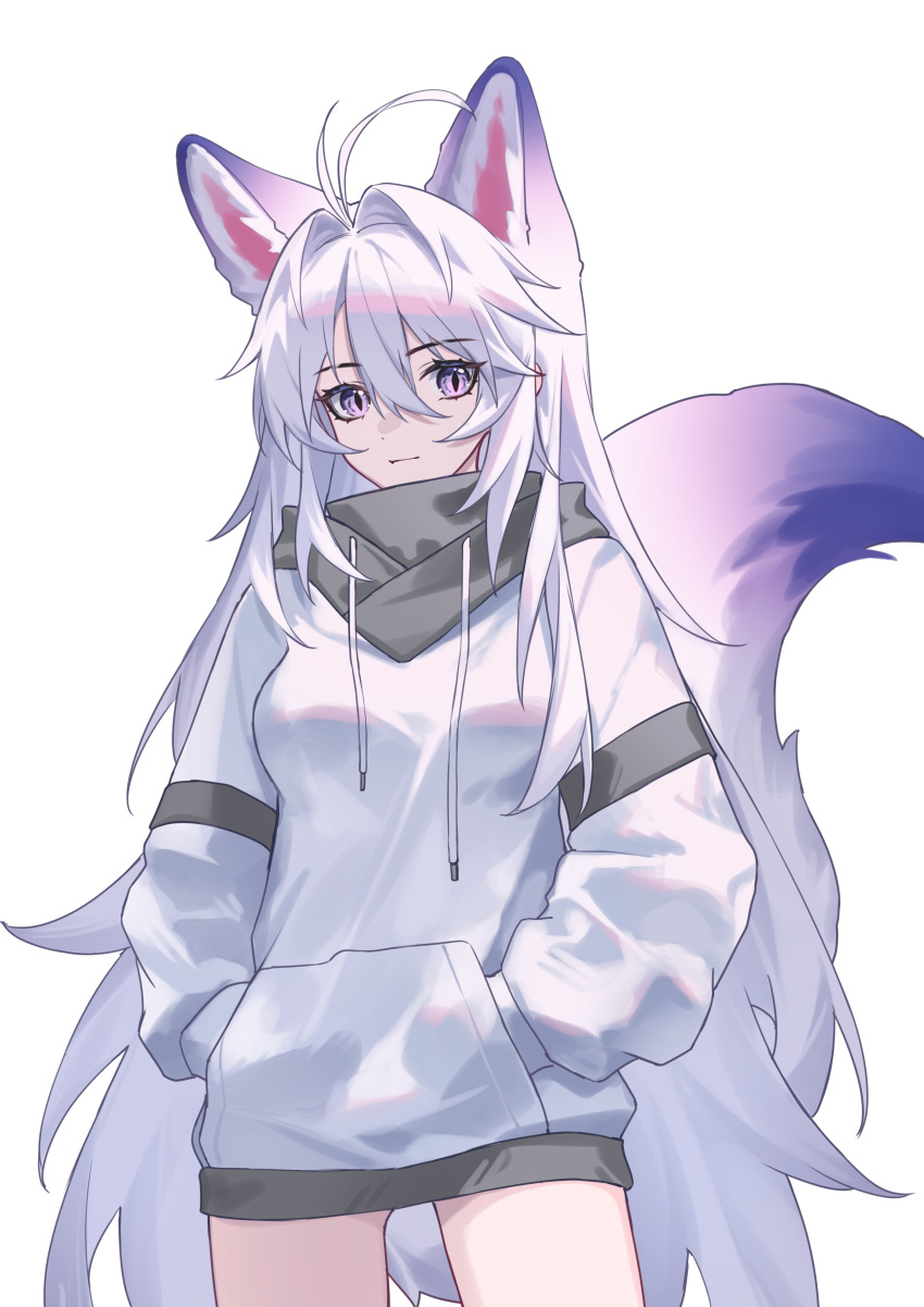 1girl absurdres animal_ears extra_ears fox_ears fox_girl fox_tail hands_in_pockets highres hood hood_down hoodie kirby_d_a light_smile long_hair long_sleeves looking_at_viewer no_pants original purple_eyes simple_background tail very_long_hair white_background white_hoodie